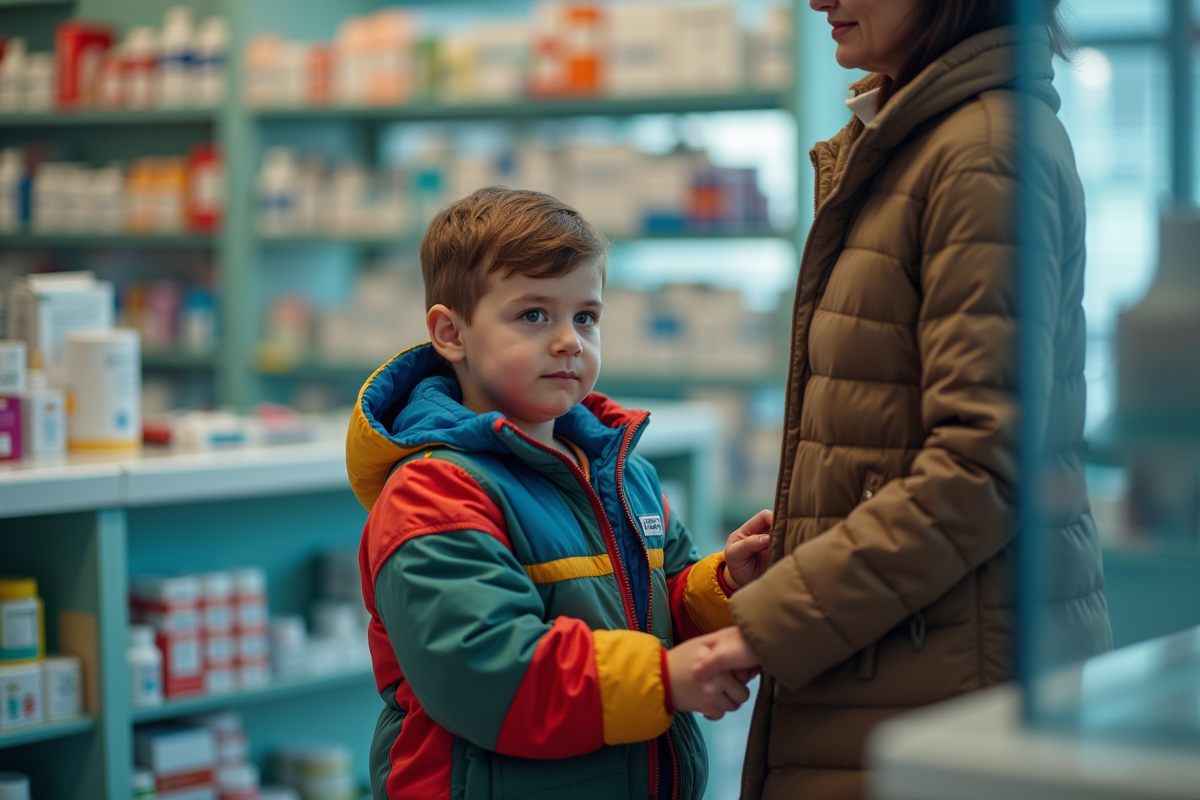 Garçon avec sa mère à la pharmacie en situation réelle