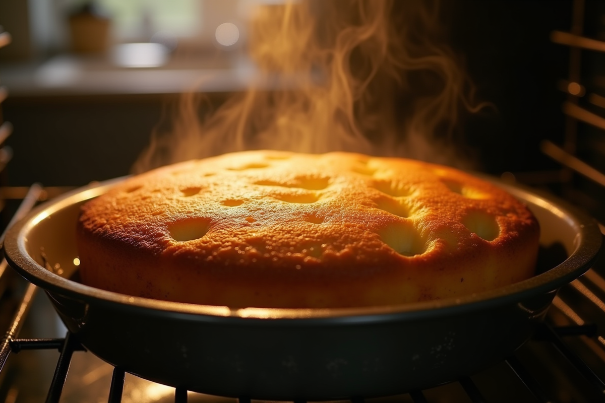 Gâteau maison doré en cuisson dans un four traditionnel