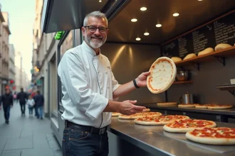 Camion pizza coloré stationné dans un lieu animé avec clients heureux