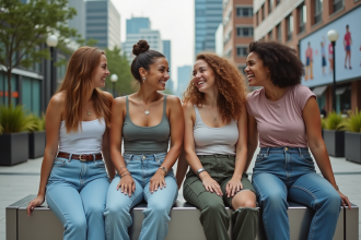 Groupe d'amis en mode 2000s dans une ville animée