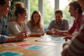 Groupe d'amis jouant au Mille Bornes dans un salon lumineux