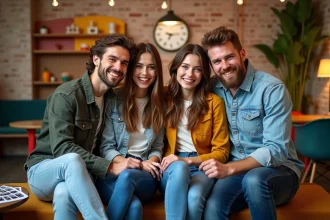 Groupe de quatre jeunes amis dans un studio photo parisien