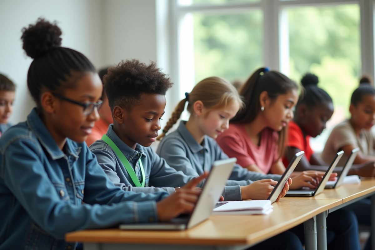 Groupe d'élèves au lycée utilisant des tablettes dans une salle lumineuse