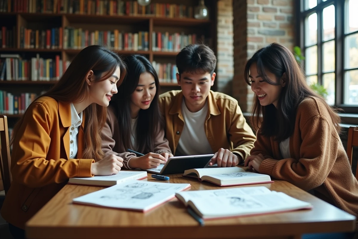 Trois étudiants discutant autour d une tablette avec mangas à la bibliothèque