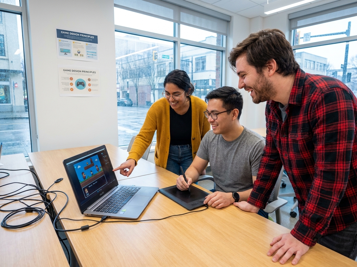Groupe de jeunes adultes en formation collaborative à la création de jeux vidéo 2D sur tablette graphique dans un centre d'apprentissage moderne