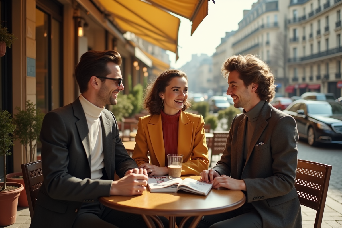 Groupe de jeunes en mode 1967 à un café urbain