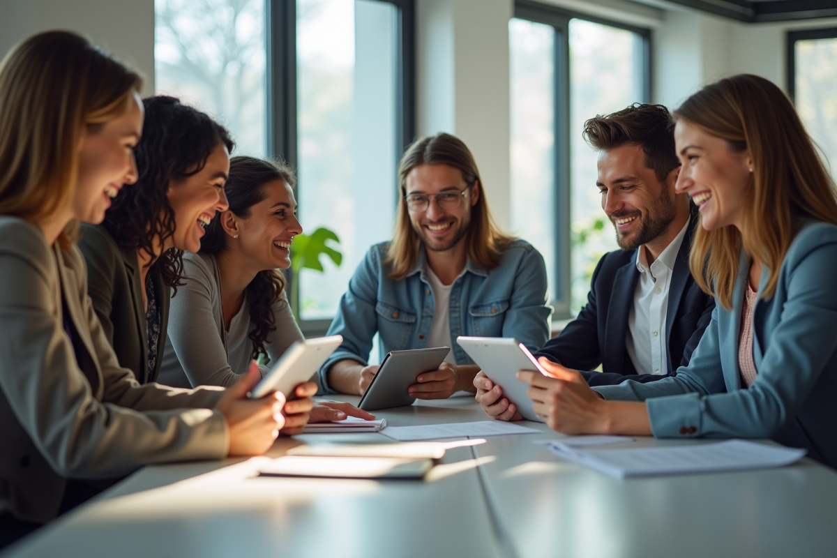 Groupe de jeunes professionnels discutant des avantages en réunion