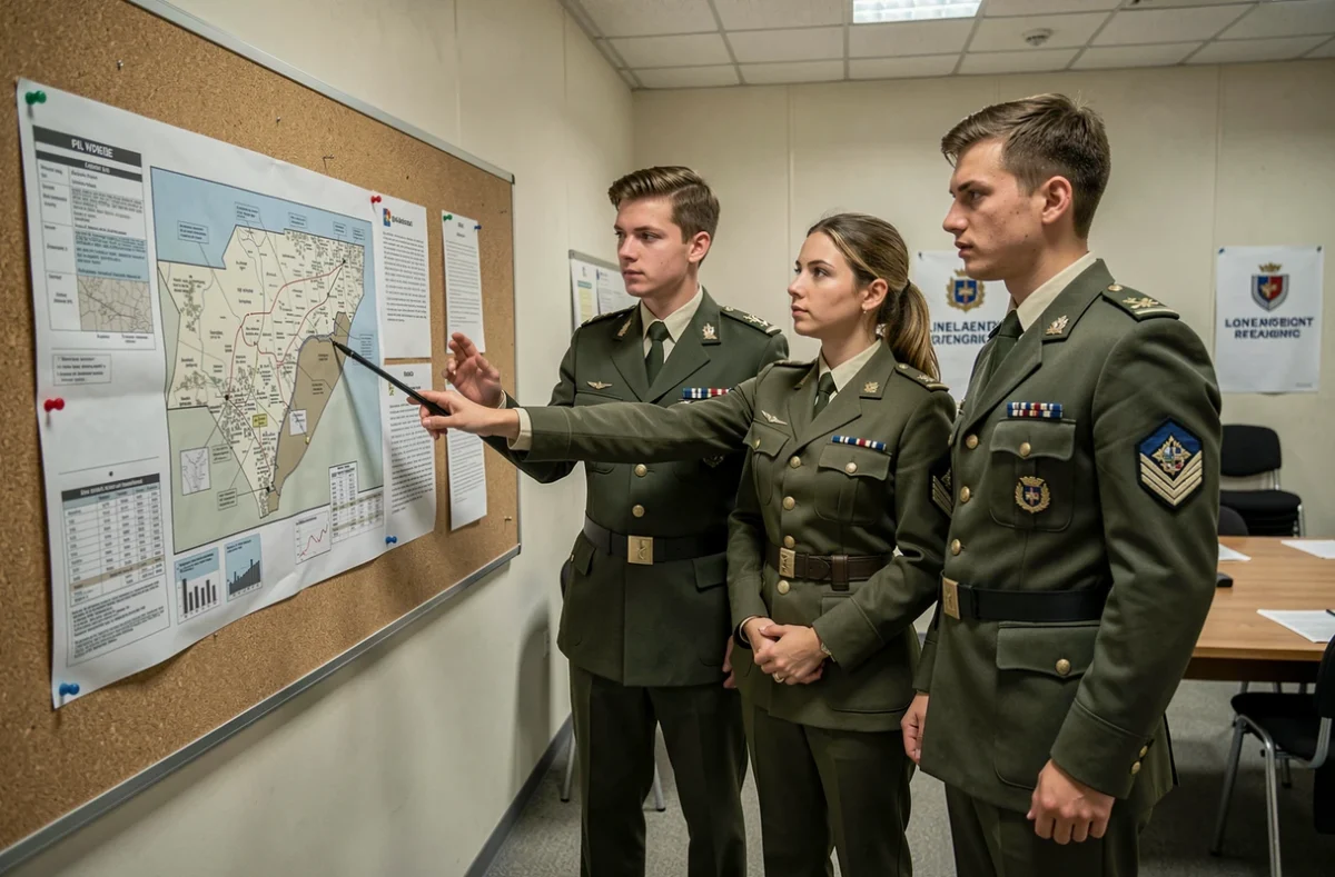 Groupe d'officiers lieutenants de l'armée de terre étudiant une grille de solde et d'indices dans une salle de briefing militaire