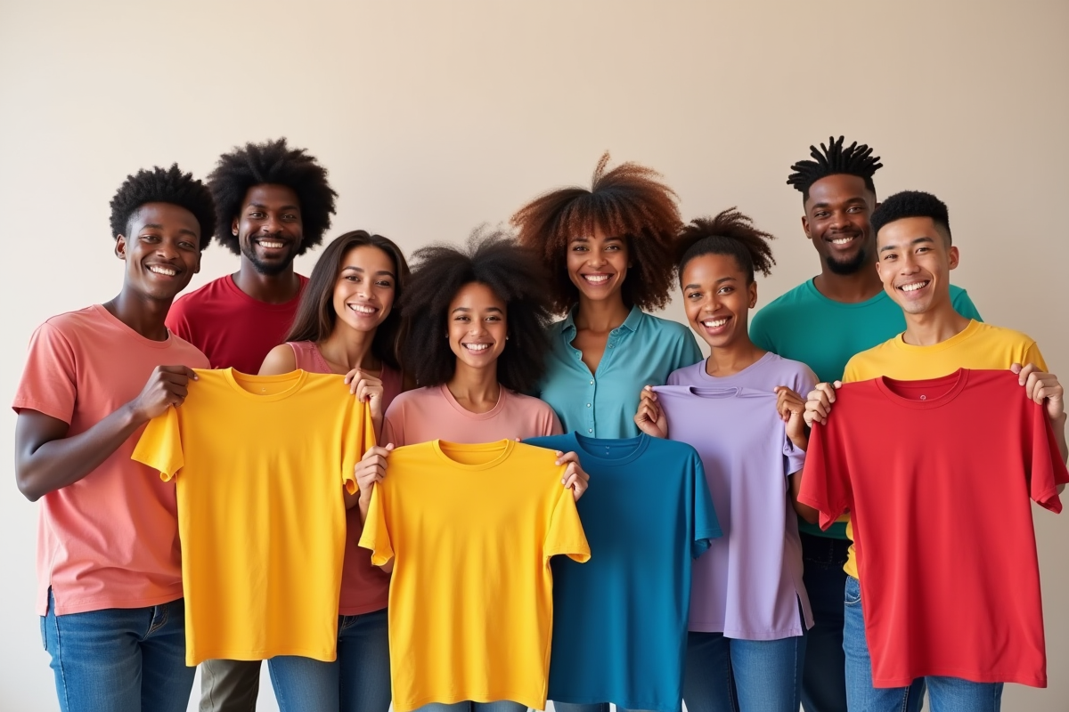 Groupe divers souriant avec t-shirts colorés de différentes tailles