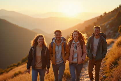 Groupe de voyageurs sur un sentier de montagne en matinée