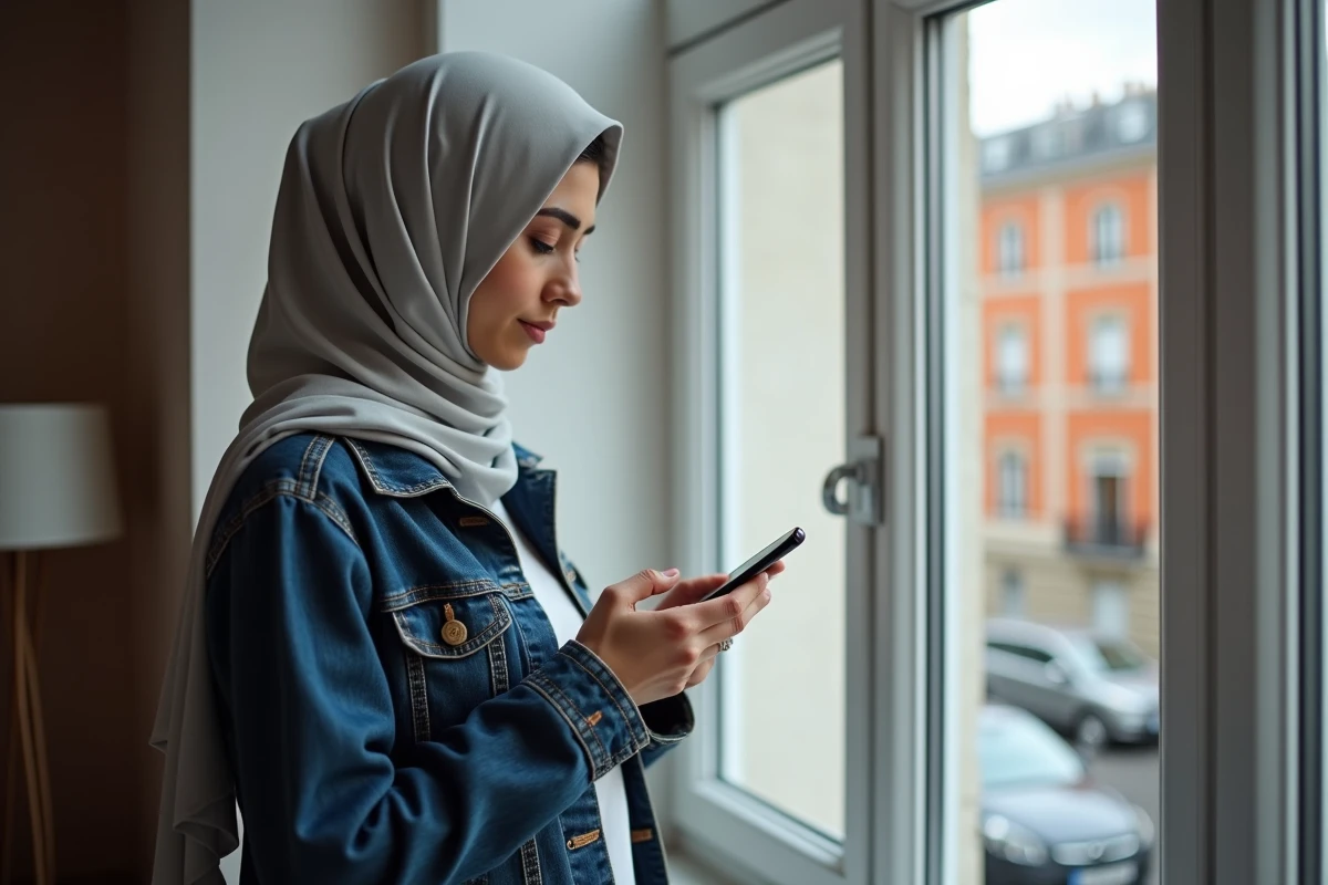Femme consultant l'heure de prière sur navigateur mobile à Toulouse sans application