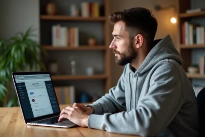 Jeune homme consultant les paramètres d'abonnement YouTube Premium sur son ordinateur portable à domicile