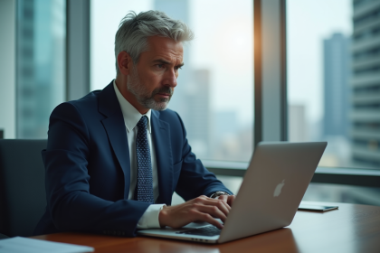 Homme d'affaires en costume regardant un graphique de taux d'intérêt