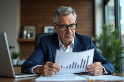 Homme d'affaires en costume bleu lit un graphique de taux d'intérêt