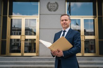 Homme d'affaires en costume dans une mairie moderne