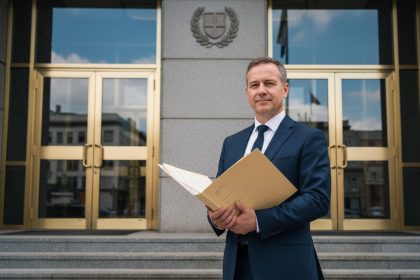 Homme d'affaires en costume dans une mairie moderne