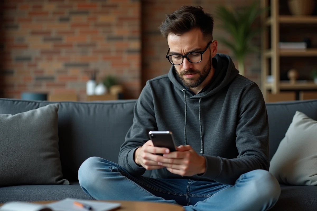 Homme consultant une application de codes promo sur smartphone pour trouver des réductions Pixmania