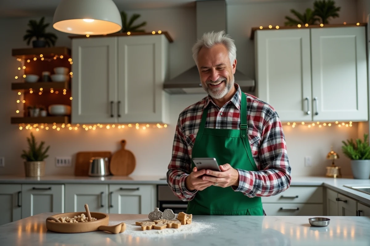 Homme amusé dans une cuisine décorée pour Noël lisant une blague de Noël sur son smartphone
