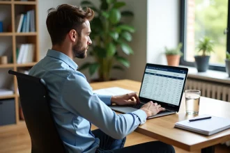 Jeune homme au bureau utilisant un ordinateur portable