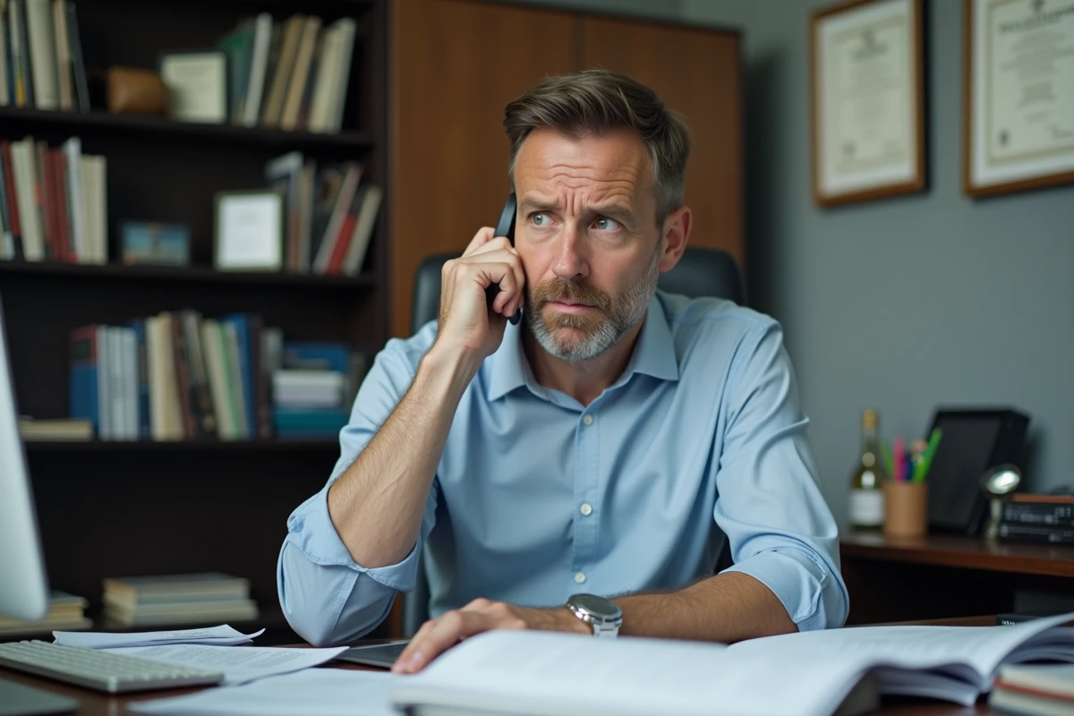Homme en réunion au bureau avec documents et ordinateur