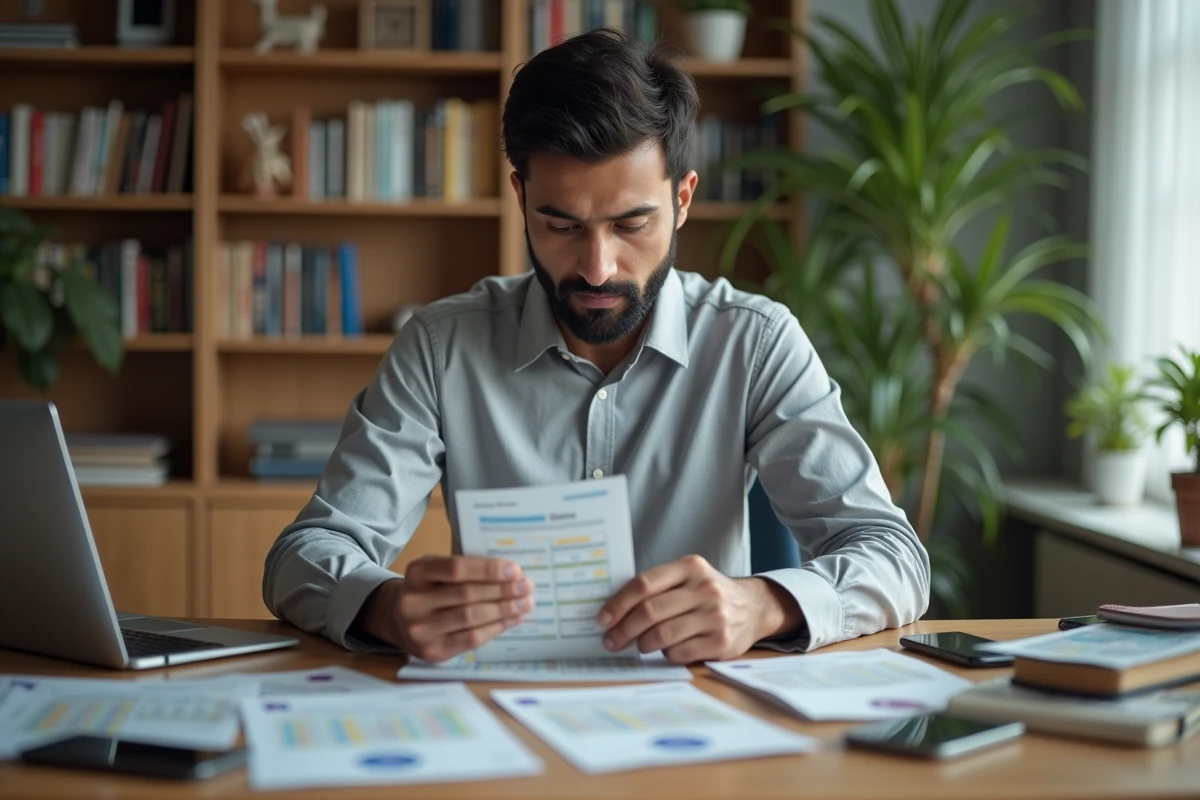 Homme comparant des offres d'opérateurs prépayés internationaux sur ordinateur portable avec des bons de recharge