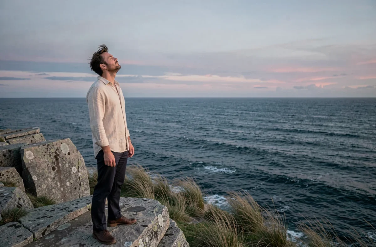 Homme seul sur une falaise face à l'océan, en état de connexion spirituelle profonde évoquant la quête de l'âme sœur