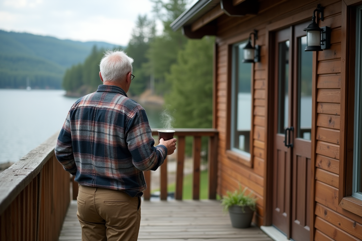 Homme âgé regardant le lac depuis une terrasse de cottage