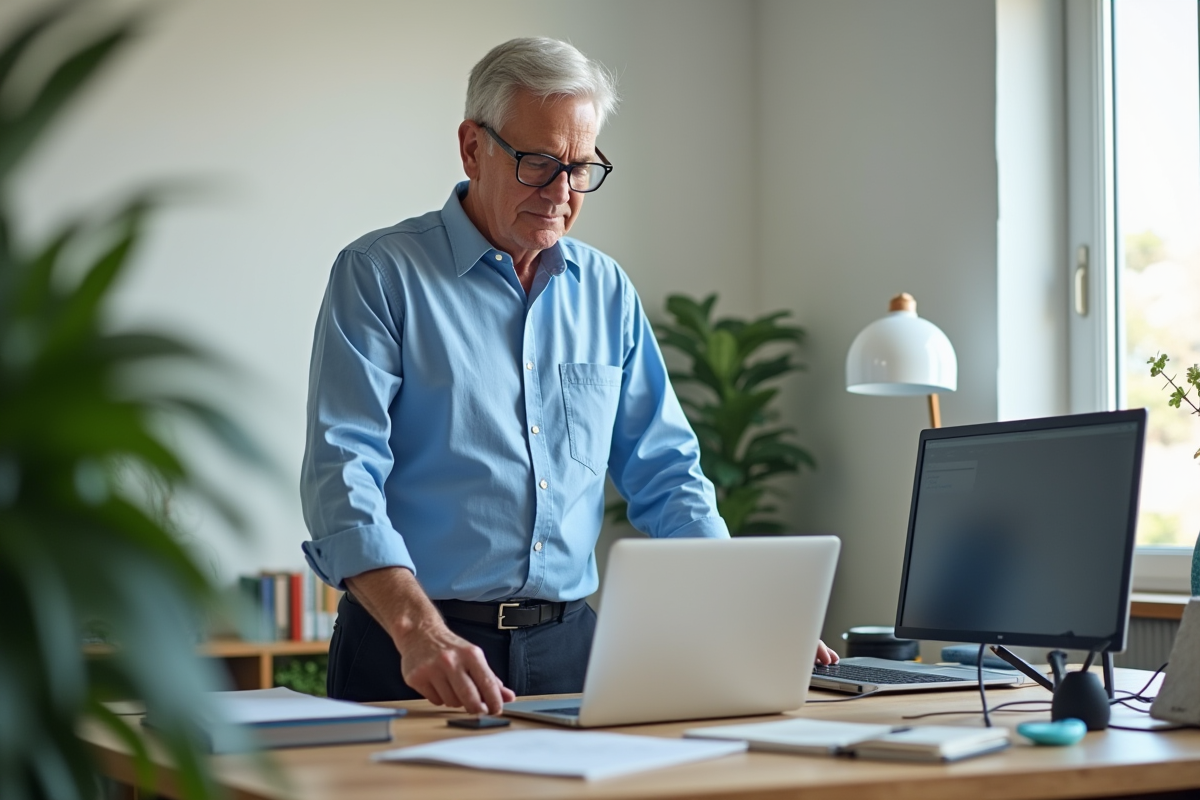 Homme débranche son ordinateur portable dans son bureau