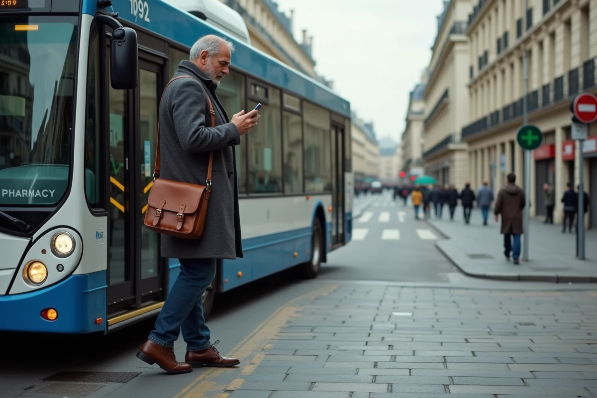 Homme descendant du bus 92 à un carrefour parisien en consultant son téléphone pour son itinéraire