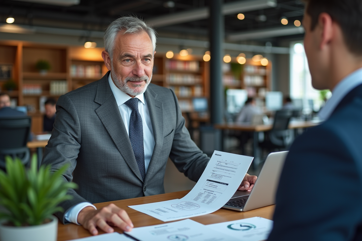 Homme en costume discutant de solutions de paie numériques