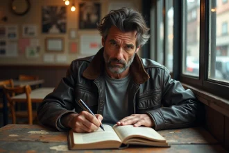 Homme d'âge moyen écrivant dans un café vintage