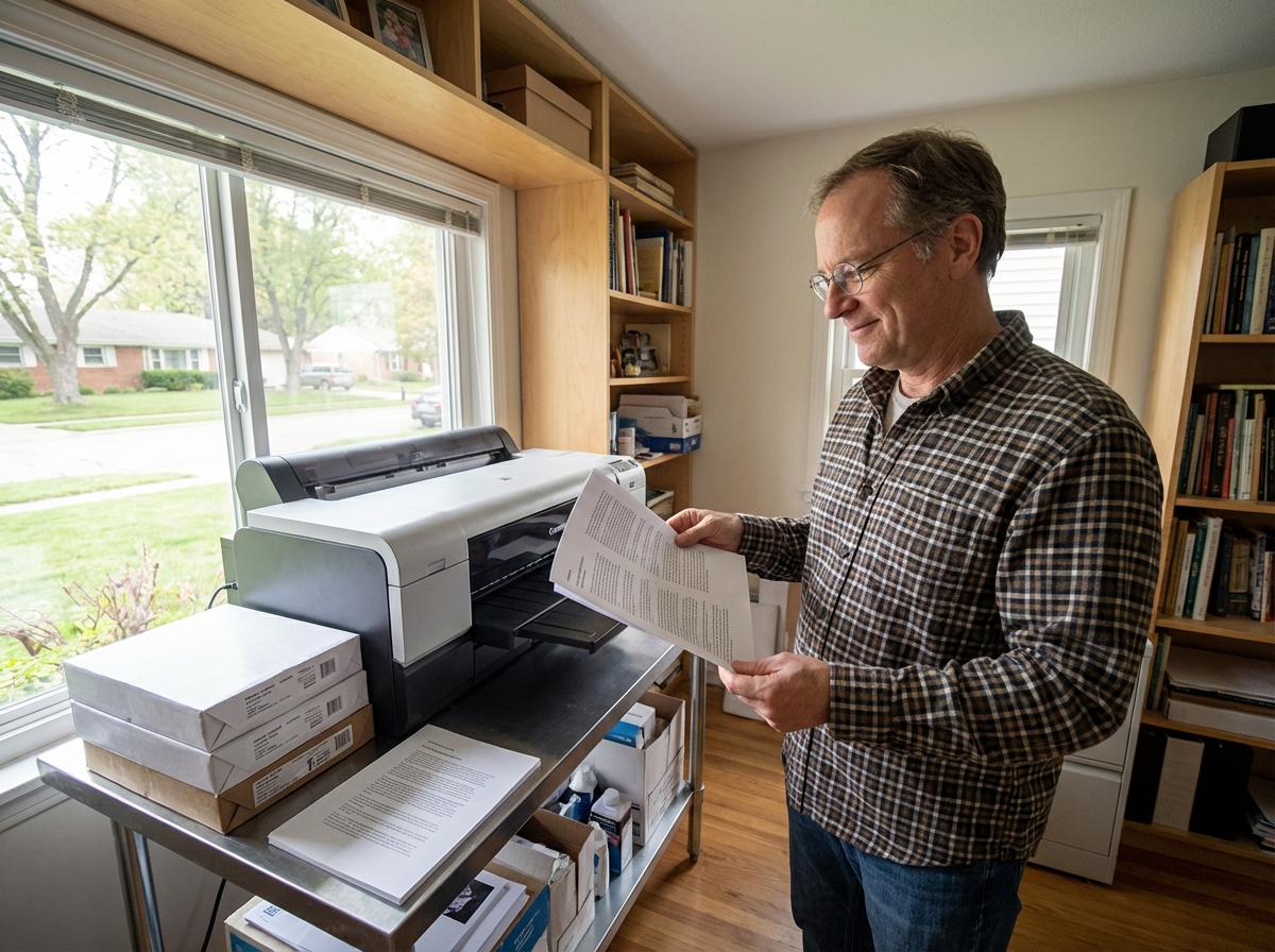 Homme vérifiant les pages imprimées dans un studio à domicile