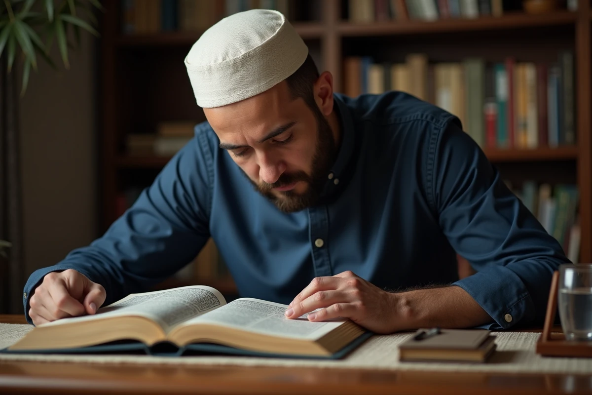 Homme musulman lisant le Coran à son bureau à domicile avec un carnet de notes et un stylo