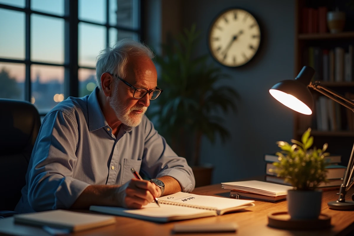 Homme âgé notant avec horloge dans un bureau