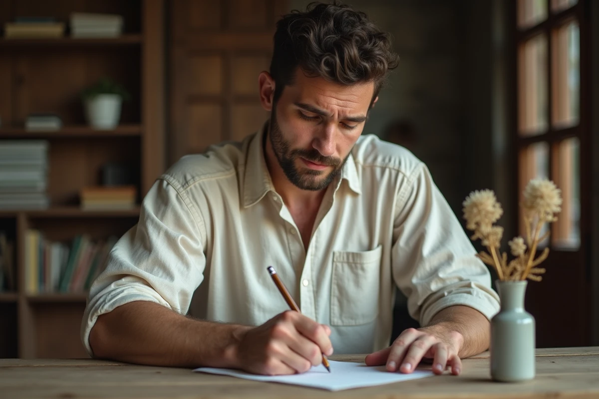 Homme écrivant une lettre d'adieu émotionnelle à la mémoire d'un ami disparu, expression recueillie et triste