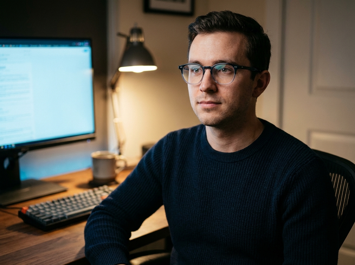 Jeune homme portant des lunettes antireflet devant un écran d'ordinateur à domicile, montrant la réduction des reflets pour un meilleur confort visuel numérique