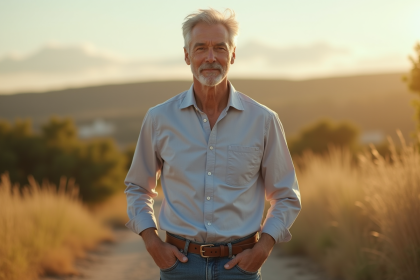 Homme mature avec cheveux salt and pepper en extérieur