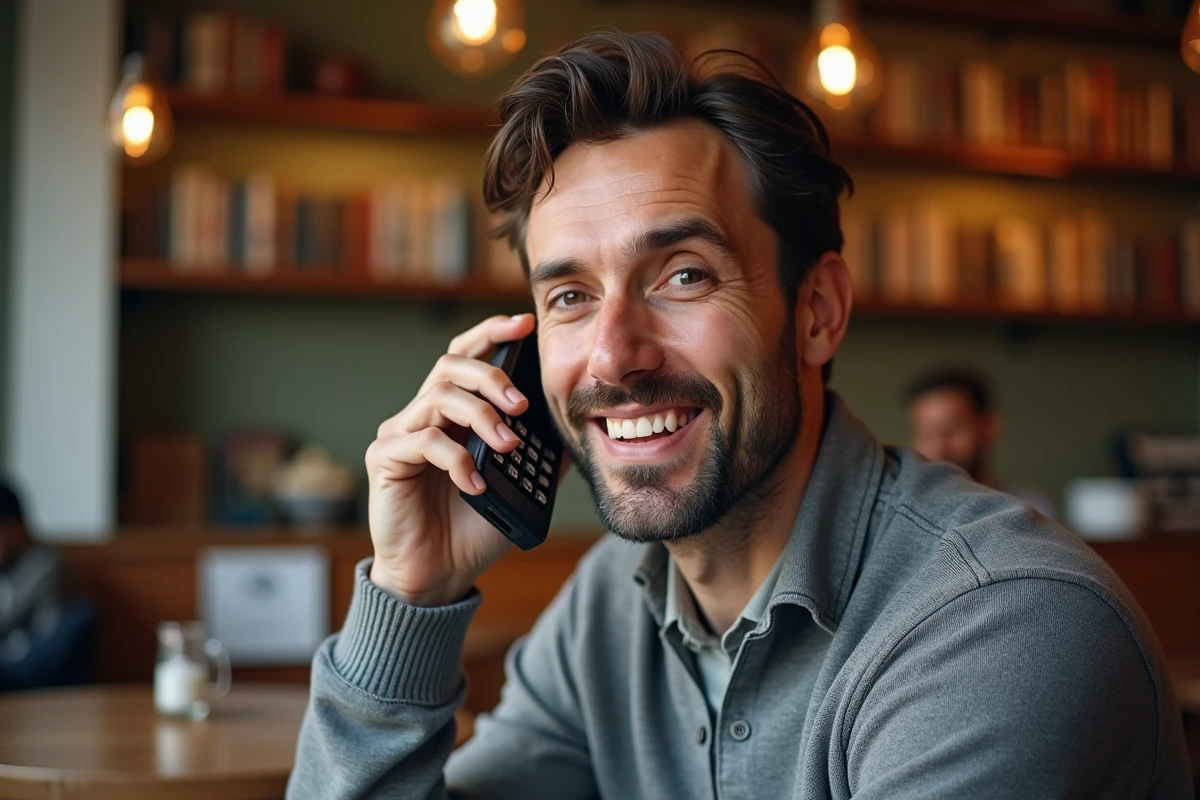 Homme nostalgique tenant un vieux Nokia à l'oreille dans un café urbain, redécouverte d'un téléphone portable rétro des années 2000