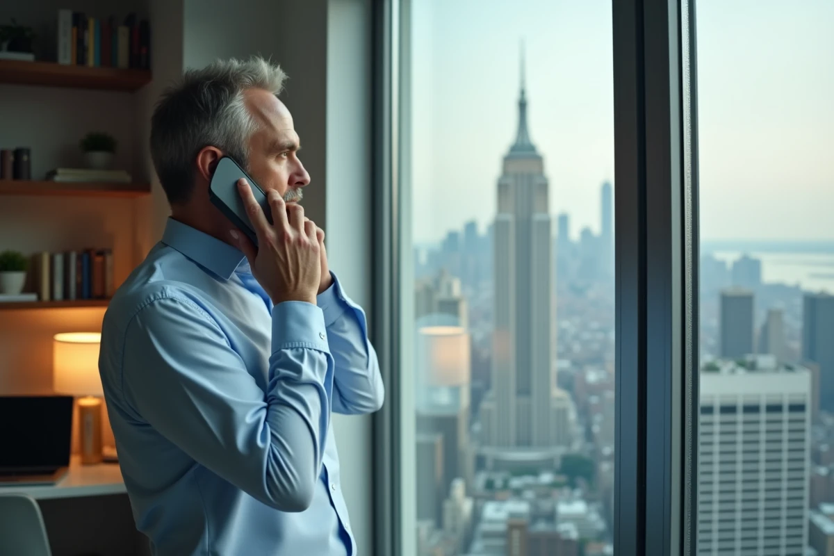 Homme au téléphone dans un appartement avec vue urbaine