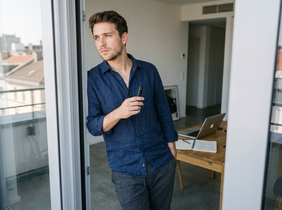 Homme en pause télétravail tenant une puff près d'une porte de balcon ouverte dans un appartement moderne