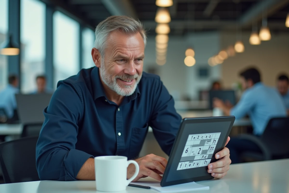 Homme cherchant la solution d'un mot de 9 lettres sur tablette dans un bureau moderne