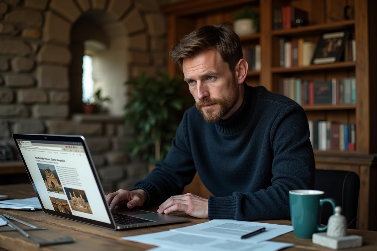 Homme passionné d'histoire consultant les archives en ligne du comptoir des abbayes sur son ordinateur