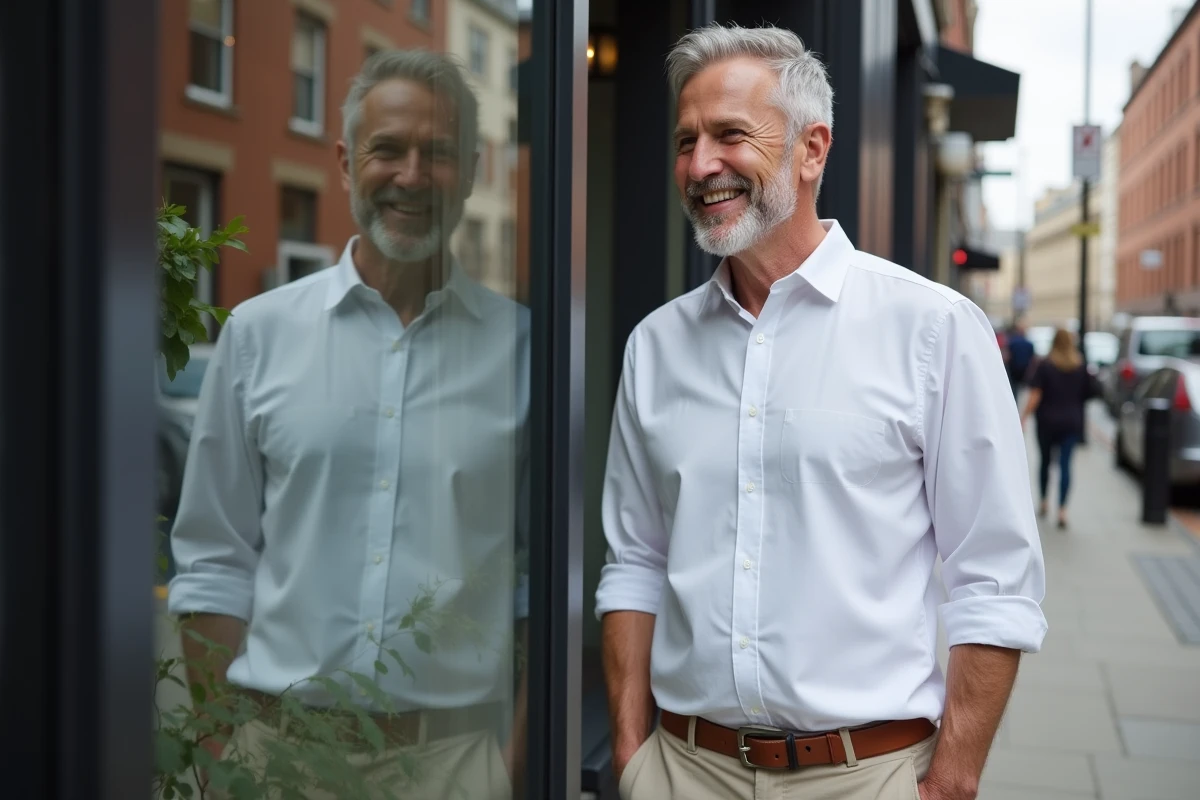 Homme souriant regardant son reflet dans une vitrine en ville