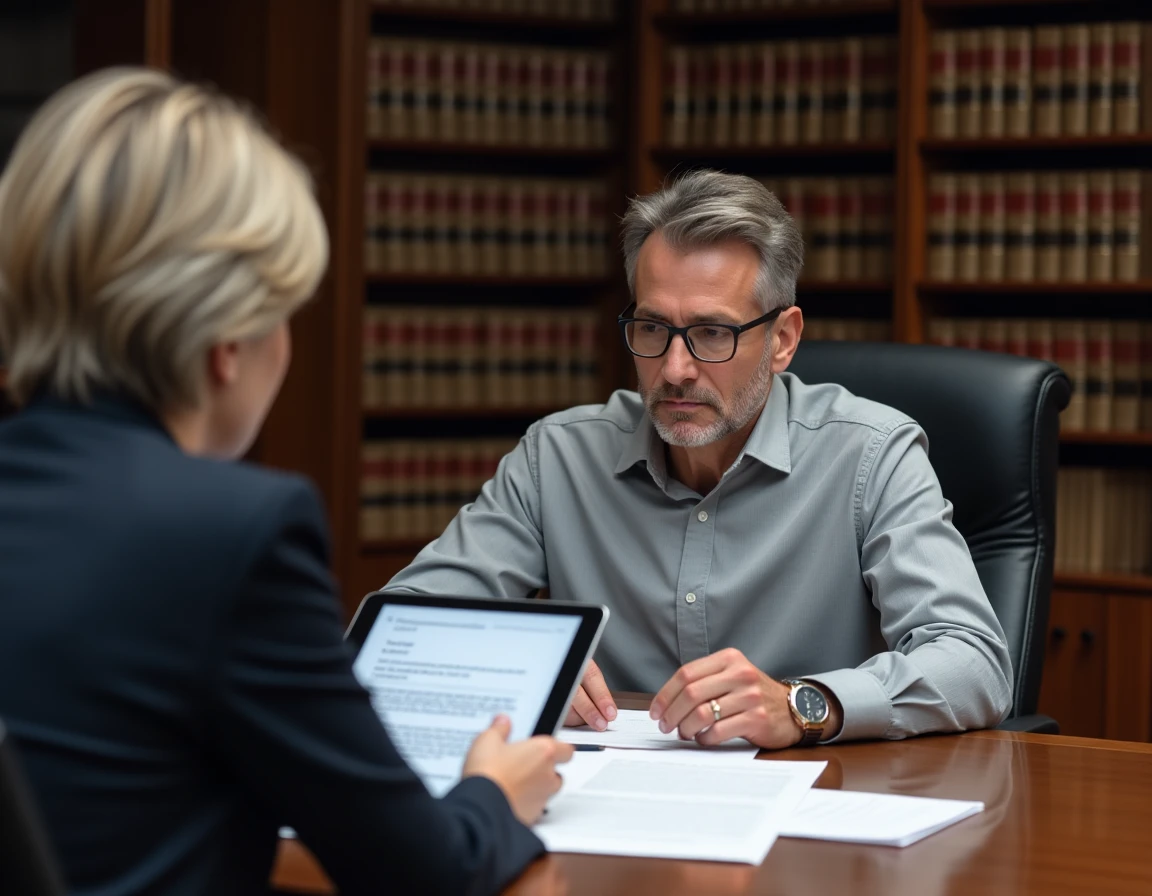 Homme en rendez-vous chez un notaire consultant des documents officiels, illustrant la communication formelle par écrit
