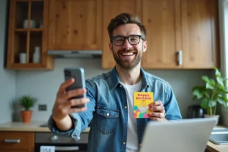 Homme souriant avec carte anniversaire dans la cuisine