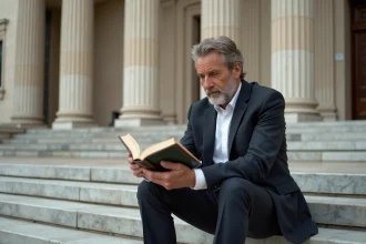 Homme d'âge moyen lisant un livre de mythologie grecque devant un musée