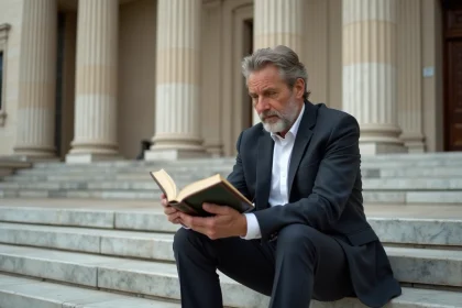 Homme d'âge moyen lisant un livre de mythologie grecque devant un musée