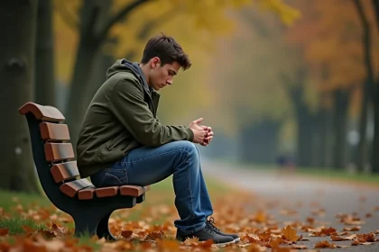 Homme assis seul sur un banc de parc en automne, expression mélancolique évoquant le deuil d'un ami disparu