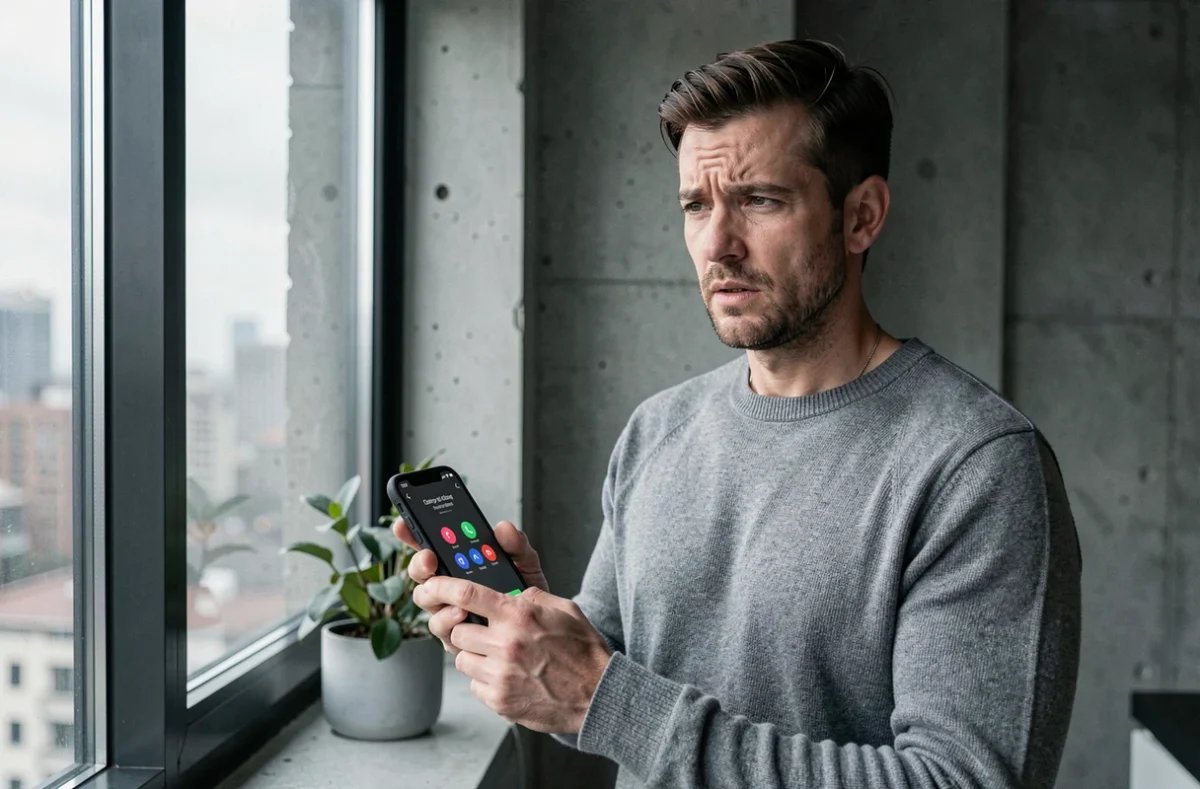 Homme debout tenant un smartphone pour appeler le 3949 de Pôle Emploi depuis son appartement