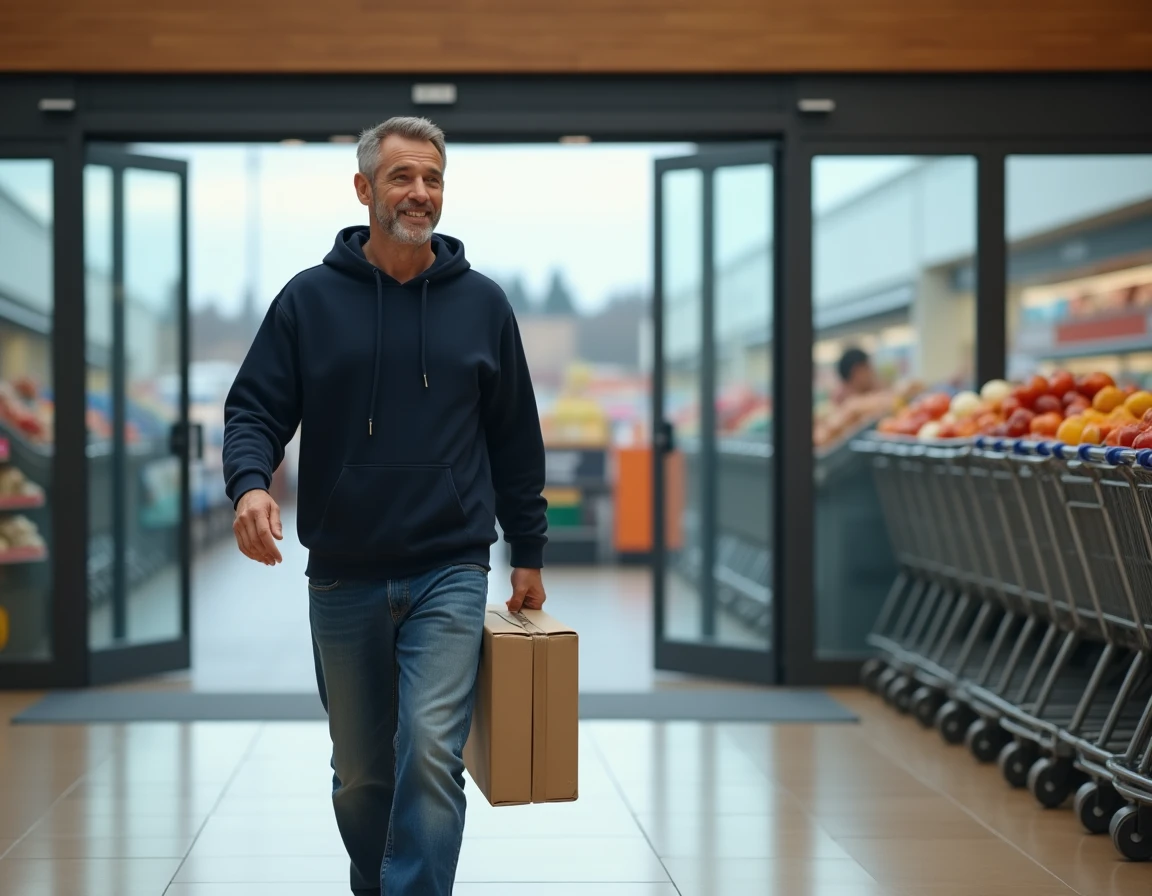 Homme sortant d'un supermarché avec son colis récupéré sous le bras près des portes automatiques